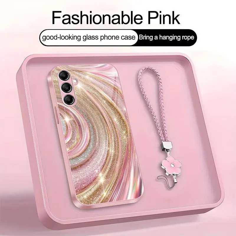 Luxury Rose Gold Swirl Phone Case with Flower Lanyard, Glitter Pink Art Aesthetic Cover for Galaxy A14 5G ---975