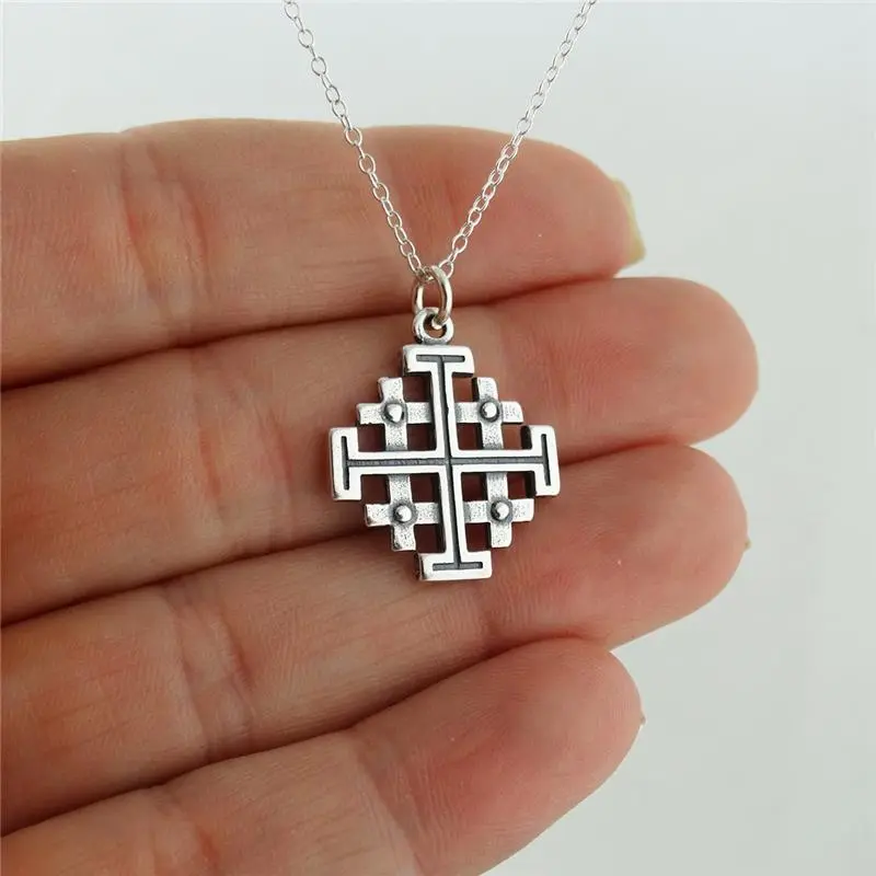 Jerusalem Cross Necklace - 925 Sterling Silver - Five-fold Pendant Symbol Potent