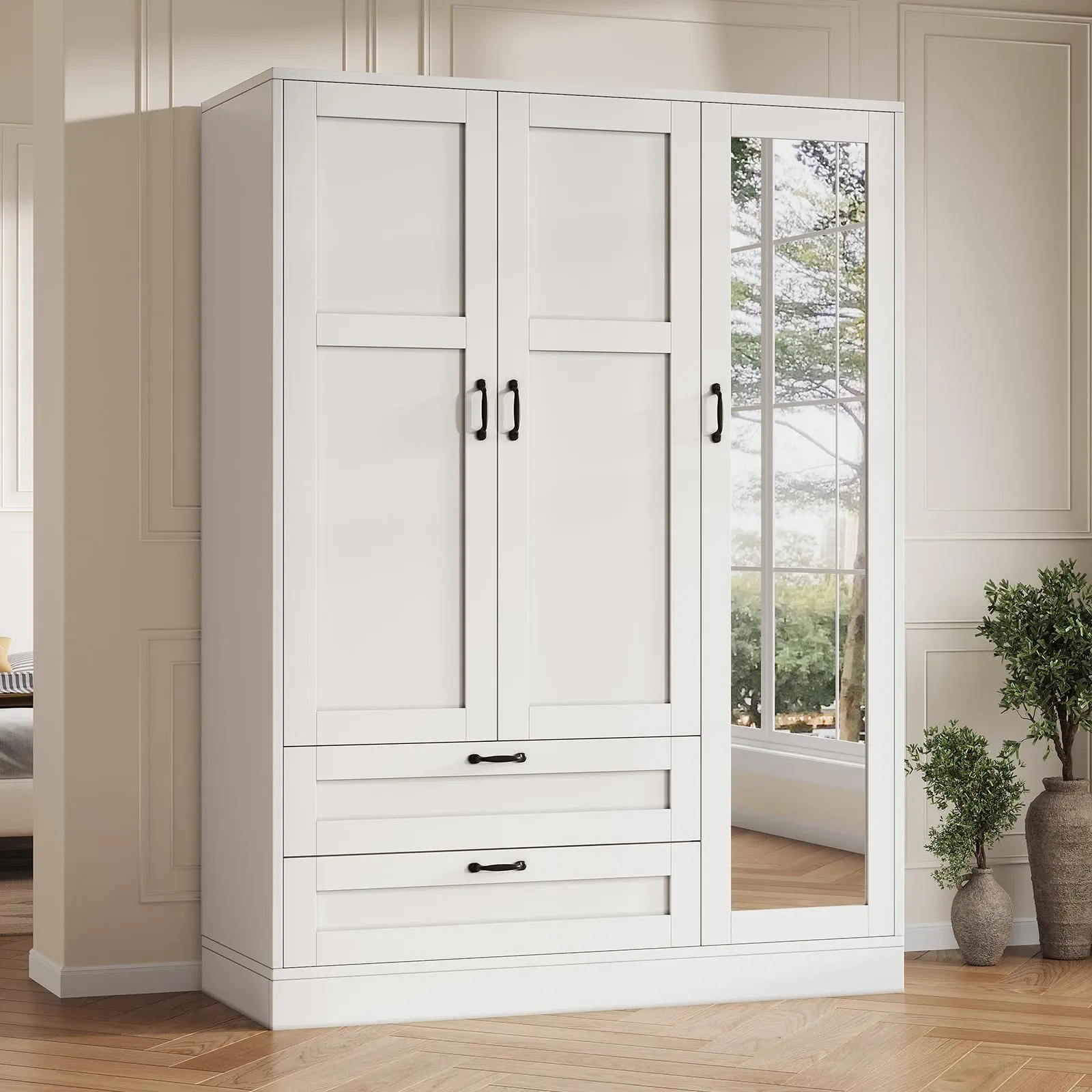 FUSOU 5-in-1 Wardrobe Closet Organizer - Freestanding White Wood Armoire with Full-Length Mirror, 2 Drawers, Adjustable Shelves, Furniture for Small Spaces, Bedroom Storage, Small Room Ideas [Shipped in 2 Packages],dorm essentials,home decor