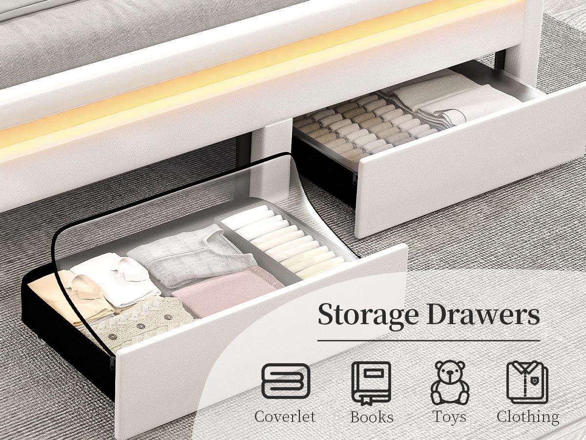 SIBEDS Queen Upholstered Bed Frame with LED Bookcase Headboard, Drawers, Charging Ports, and Tufted Wingback Design for Bedroom,White/Black/Cream/Gray