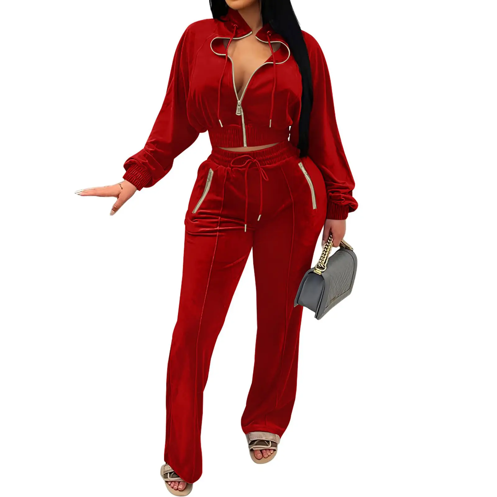 Women's 2-Piece Velour Sweatsuit - Full-Zipper Sweatshirt + Wide-Leg Sweatpants, Streetwear Tracksuit, Gym Workout Set, Women's Workout Set for Jogging & Lounging, Gym Workout Sets