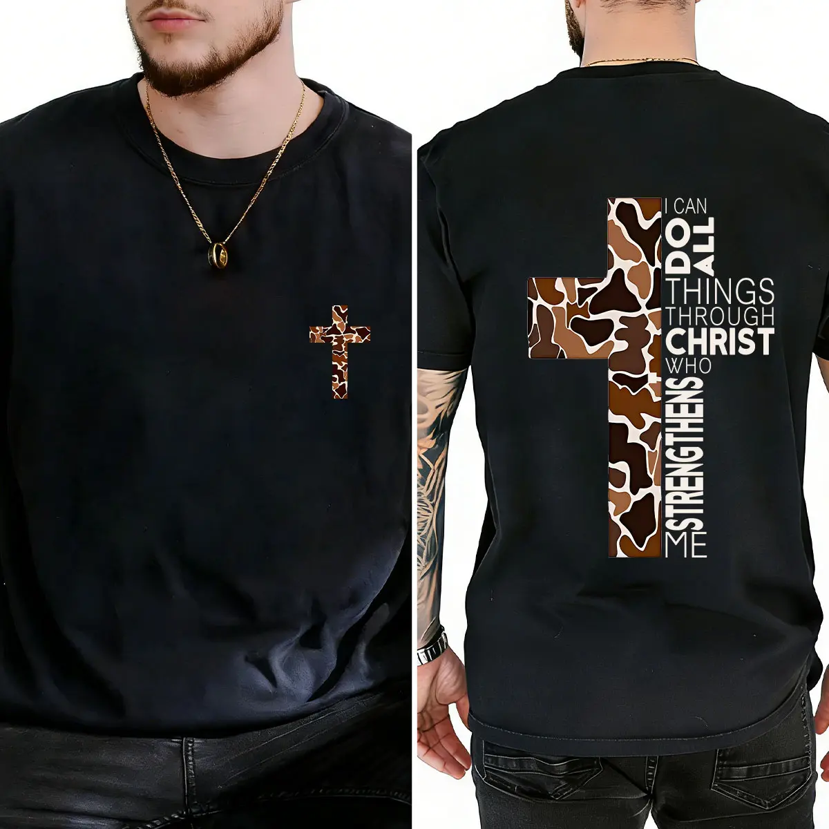 Faith Based Camo Cross Tee I Can Do All Things Through Christ Graphic, For Women, For Men [180G/230G 100% cotton short-sleeve/hoodie, soft and comfortable]