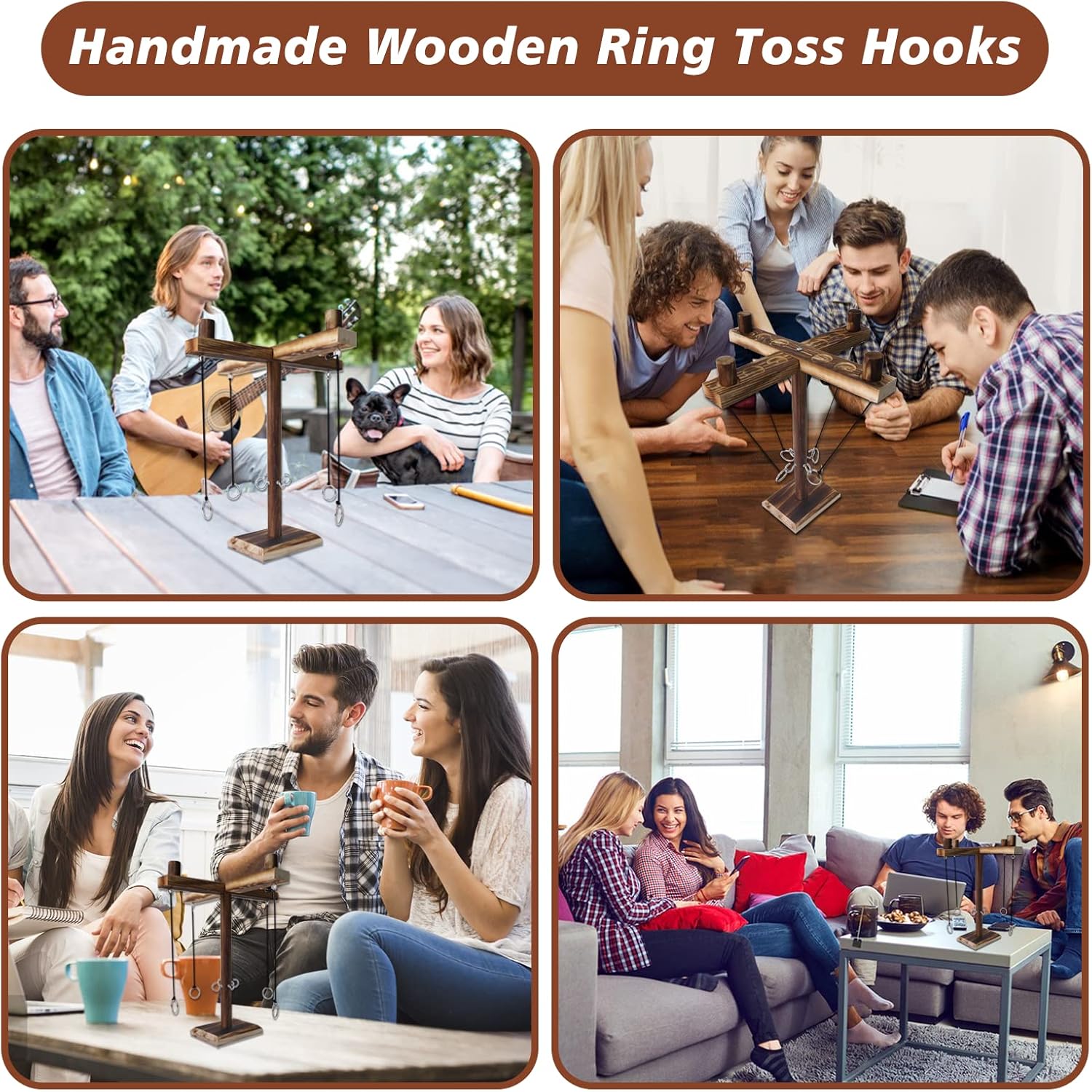 【Christmas gift】Wooden Ring Toss Game - 1PC Outdoor Party Throw Game with Wooden Hook & Rhythm Bracelet - Fun 2-4 Player PK Game for Family Reunions & Camping.