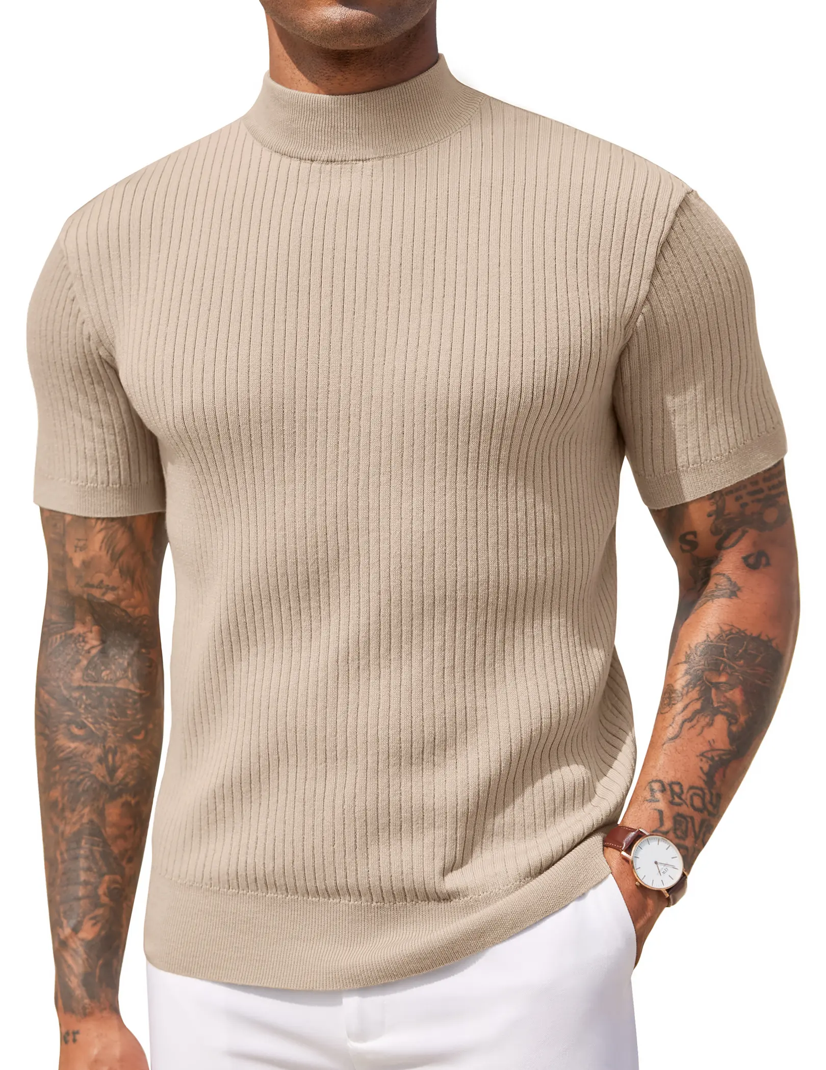 COOFANDY Men's Mock Turtleneck Sweater Short Sleeve Casual Basic Tops Ribbed Knit Pullover Solid Tee