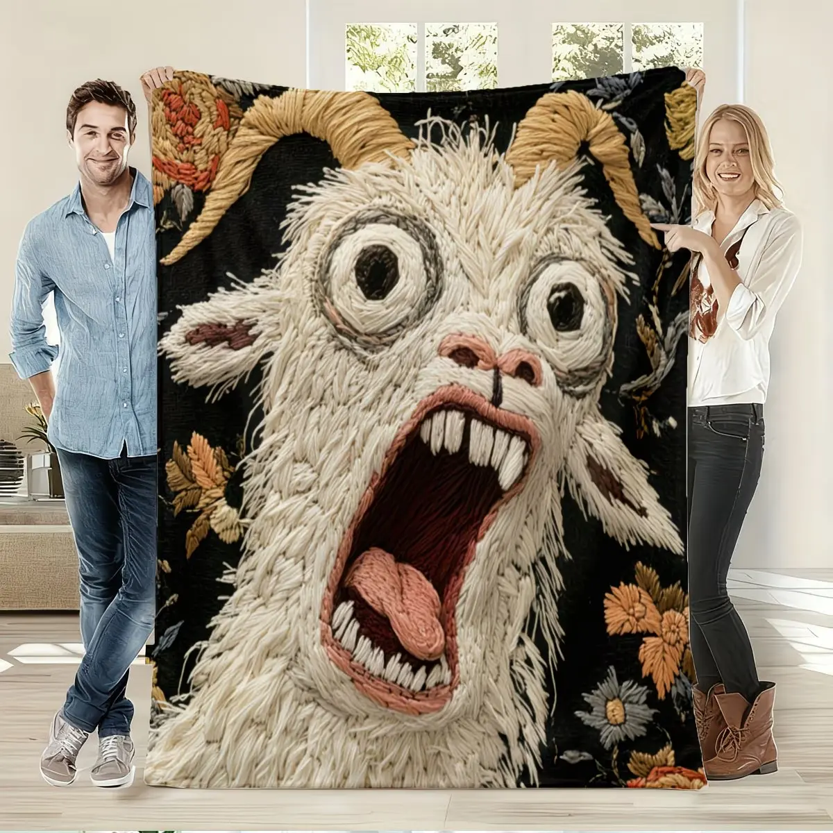 Soft Flannel Blanket for Bed & Sofa – Funny Screaming Goat Throw, Cozy All-Season Nap Blanket, Decorative Bed Accessories, Multi-Functional Gift