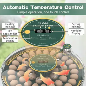 52 Egg Incubator with Automatic Turner, Digital Temperature and Humidity Display, and Built-in Egg Candler for Hatching Chickens, Quail, and Ducks