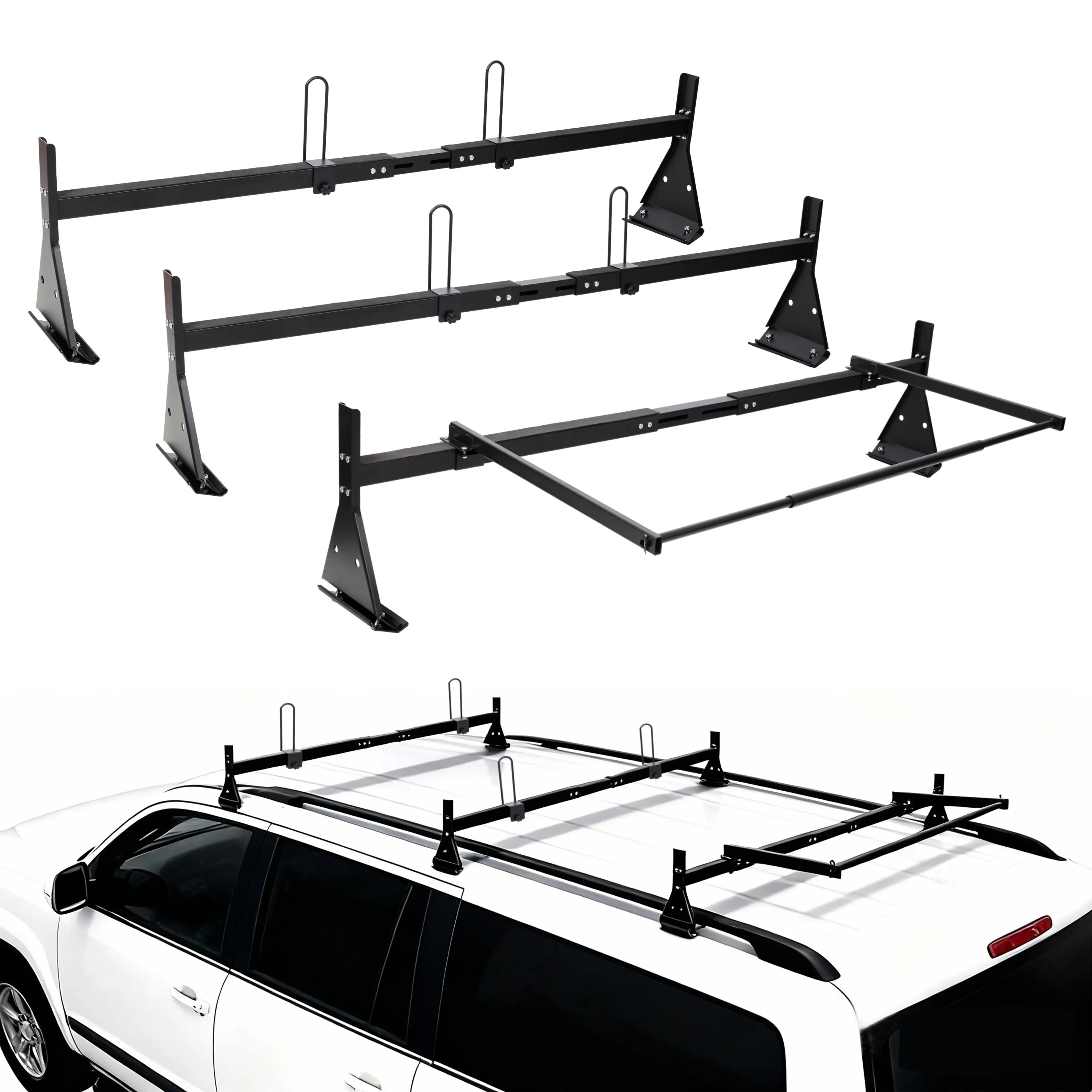 Universal Van Roof Ladder Racks with Rear Roller, 800LB Load-Capacity, Adjustable 57''-70.8'' with Ladder Stoppers, 3 Bars - Fit Chevy Express Fullsize Van 1996-Up, for Vans with Rain Gutter Only