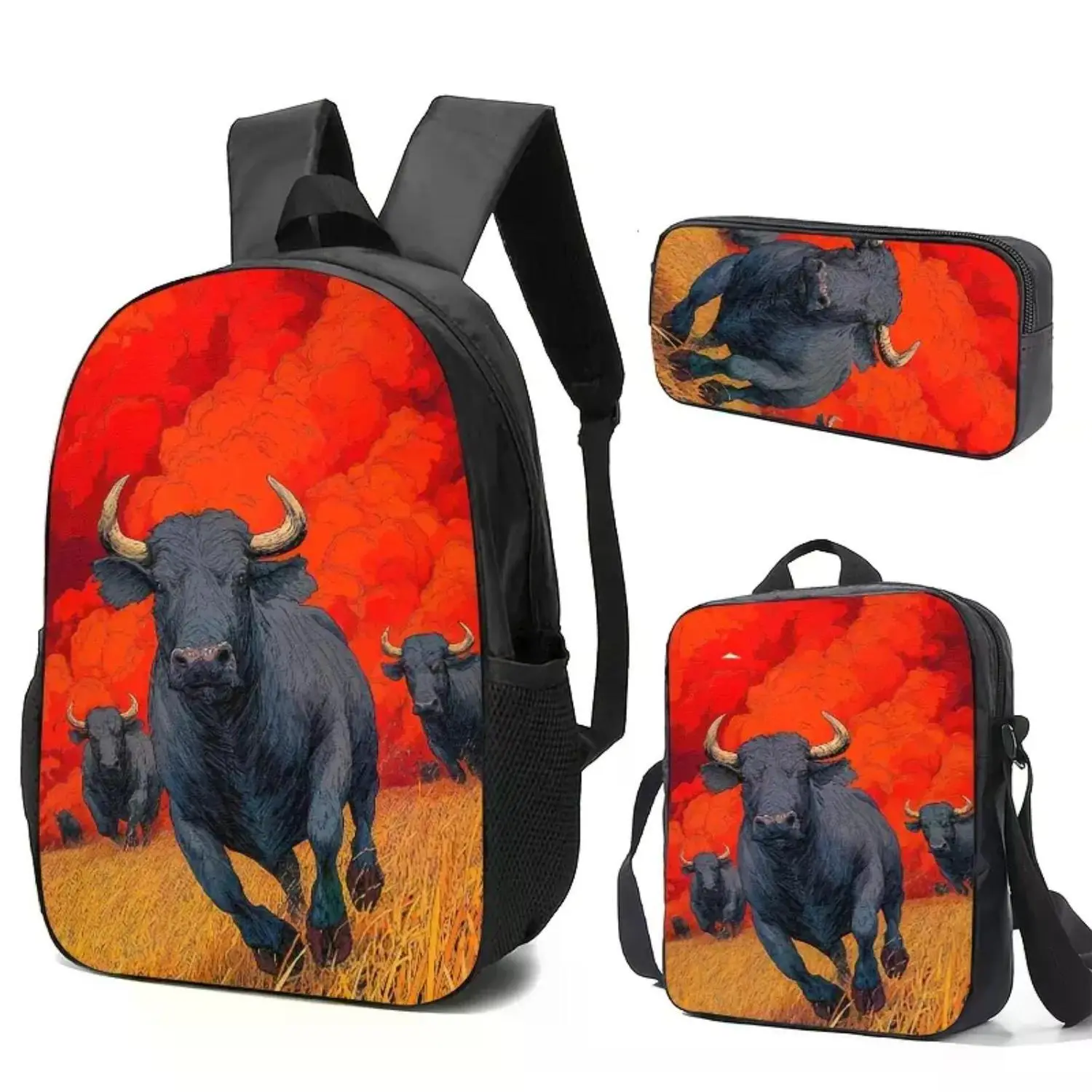 Fiery Orange Bull Dynamic 3-Piece Set - Gym Backpack, Pencil Case, Lunch Bag with Adjustable Straps and Large Capacity, Perfect for Daily Use and Outdoor Adventures