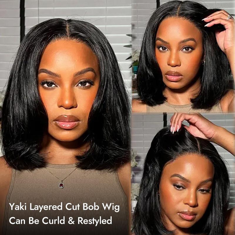 [Spring Essential] Wiggins Hair 220% Density Glueless Layered Cut Yaki Straight Bob Wig 7*5 Lace Closure Wigs Human Hair Ready To Go And 13*4 Lace Front Wig Pre Cut Lace Pre Plucked Beginner Friendly #SpringStatements #WeeklyDeals