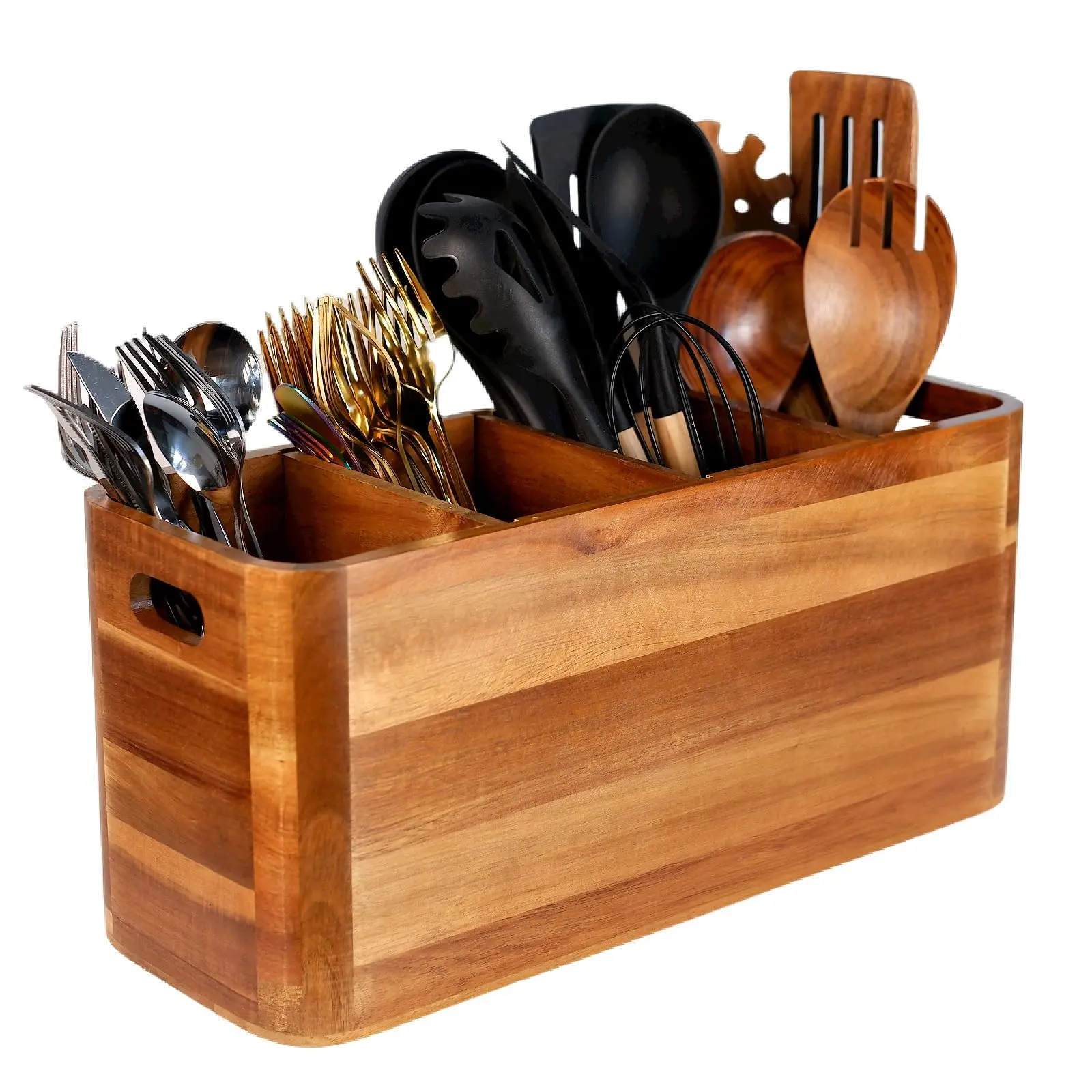 Wooden Kitchen Utensil Holder Organizer for Counter or Countertop, Large Wooden Utensil Holder for Storage Cooking and Silverware with 4 Compartment, Acacia Rustic Wood Container Extra Large,dorm essentials,home decor