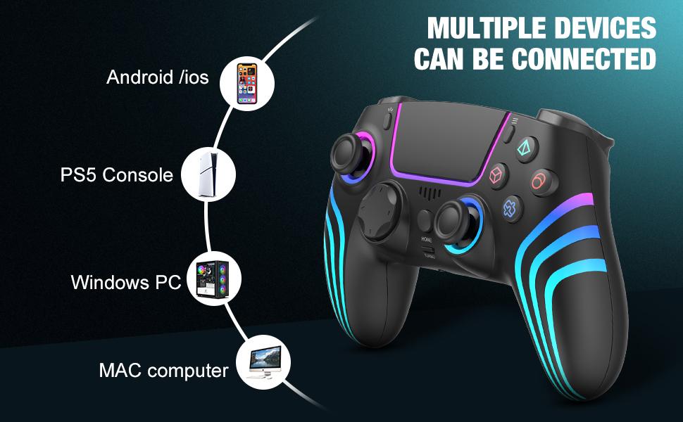 JORREP Anti-Drift Hall Effect PS5/Pro controller ，7 RGB Colors Dual Vibration Turbo 6-Axis Gyro Programmable Buttons 3.5mm Headset Jack 1500mAh Battery Wired Adjustable Gamepad Compatible with PC MAC iOS Android 10 Steam Deck