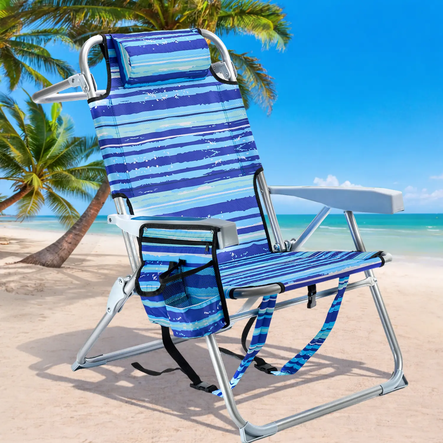 GVDV Backpack Beach Chairs for Adults, Portable Lay Flat Folding Chair with Cup Holder and Towel Bars, 4-Position Adjustable Reclining Chair for Beach, Camp, Outdoor,  Camping Furniture