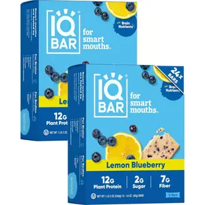 IQBAR Plant Protein Bars - Brain & Body Nutrients for Focus, Energy, Meal Replacement, Lemon Blueberry - 24 Count