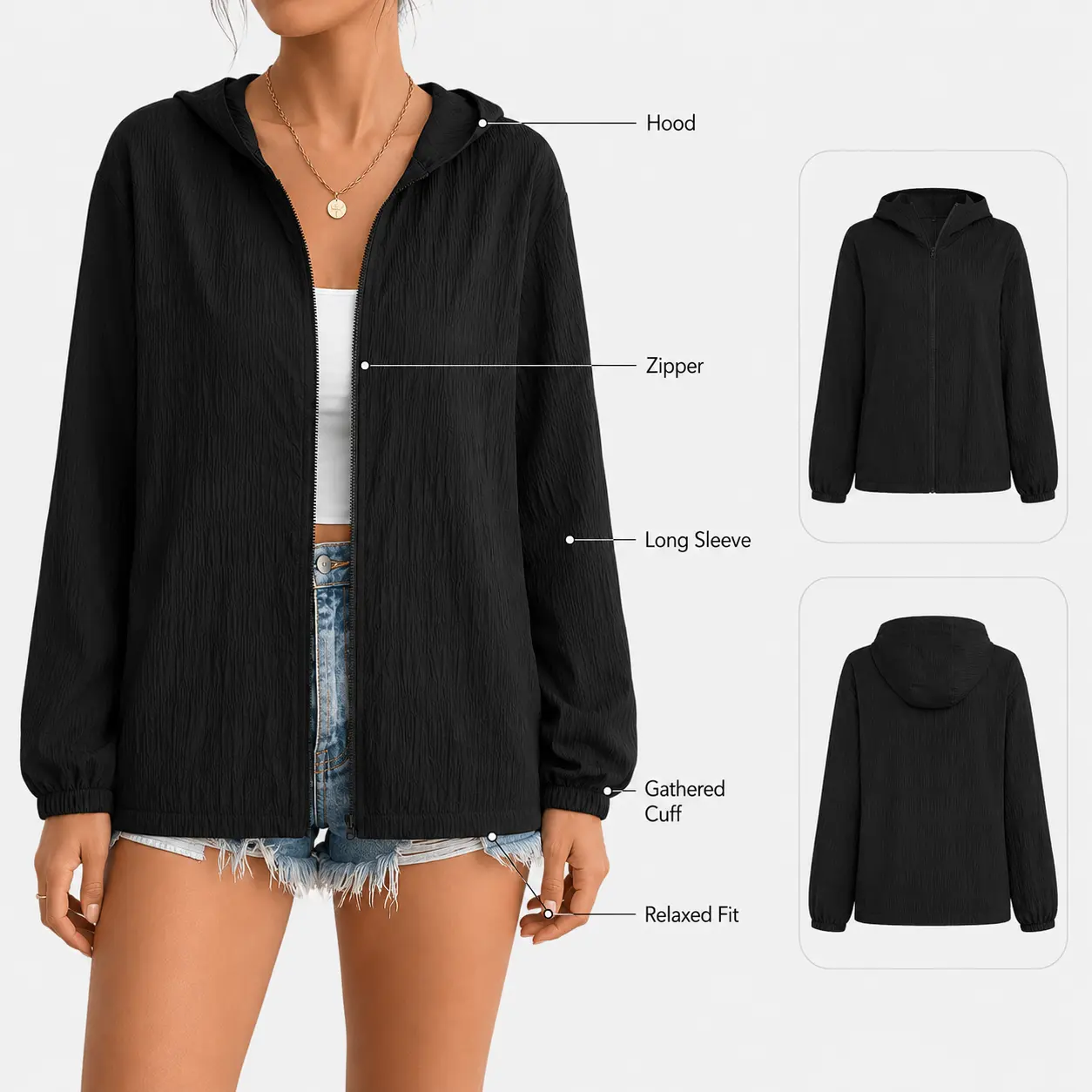 Women’s Basic Chic Crinkle Fabric Hooded Zip-Up Jacket - Lightweight Long-Sleeve Casual Summer Layering Windbreaker Sports Outerwear, Longsleeves