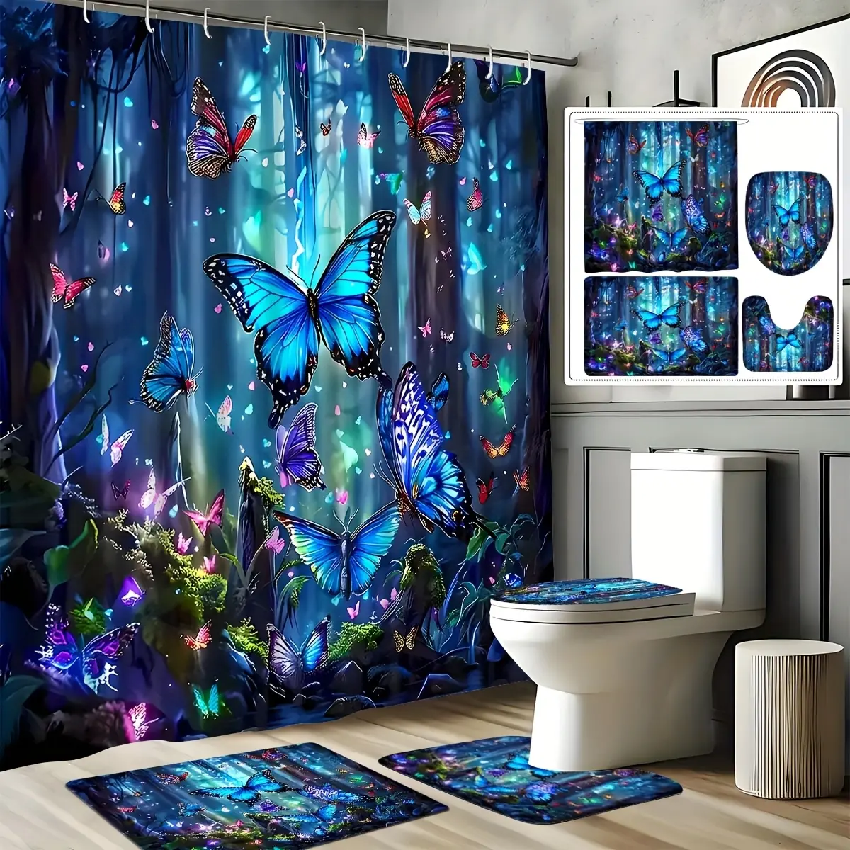 4pcs/set Dream Forest and Butterfly Bathroom Complete Set Anti-slip Bathroom Mat U-shaped Carpet Toilet Seat Refreshing Shower Curtain High-quality Bathroom Decoration and Accessories