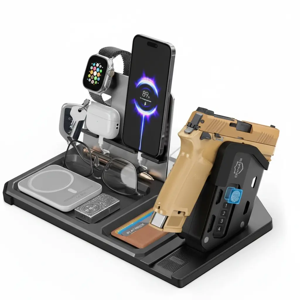 ONNAIS Biometric EDC Table Organizer - Bedroom Vertical Rack with Detachable Biometric Trigger Lock, Fingerprint/PIN/Key Access, Phone & Watch Valet Tray, All Seasons Gift for Men, Table Organizers, Detachable Block