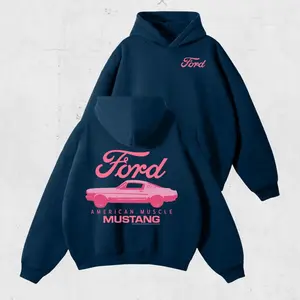 Pink Mustang Ford Hoodie - American Muscle Car Graphic Hoodie for Car Lovers, Vintage 90s Style Summer Outfit for Men and Women, Sweatshirt and T-shirt