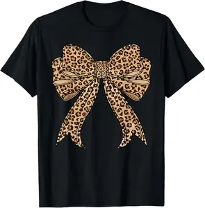 Women’s Comfy "Leopard Print Bow" Graphic Tee - Viral Coquette Aesthetic Casual Short Sleeve