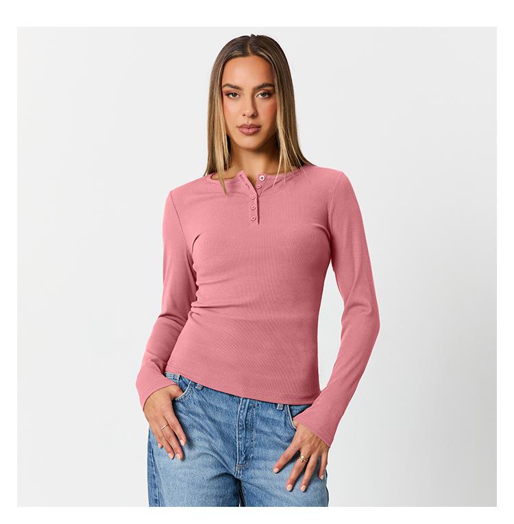 AUTOMET Women's 3 Piece Casual Long Sleeve Round Neck T-shirt for Daily Wear, Plain Button Front Ribbed Design