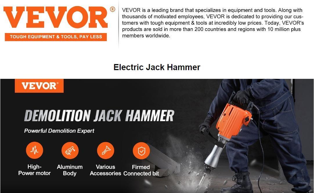 【Backtoschool】VEVOR Demolition Jack Hammer with 2/4/6 Chisel Bit,  360°C Swiveling Front Handle, Electric Hammer & Gloves for Concrete Breaking VEVOR Super Brand Day
