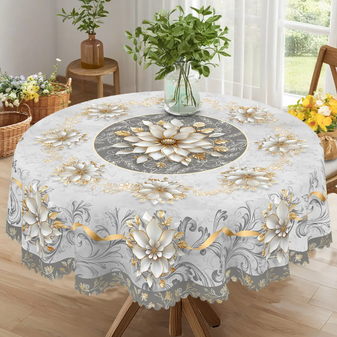 【Back to School】PLUMLIK Elegant Golden Floral Tablecloth, Grey Round Rectangular Table Cover, Courtyard Outdoor Home Wedding Birthday Party Decoration, Bridal Shower Gift Home Decor, Kitchen Festive Accessories, round table cloth Farmhouse Decor