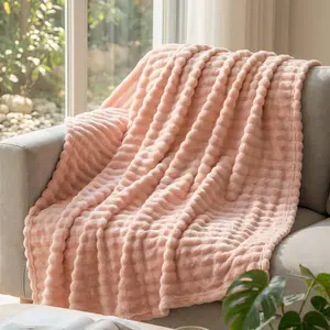 Bedloom Faux Rabbit Fur Throw Blanket, Bubble Fleece Blankets for Bed Sofa Couch, Cozy Cute Comfortable Flannel Blanket For Home Room Decore, All Seasons Use, Gift For Women Men Grils