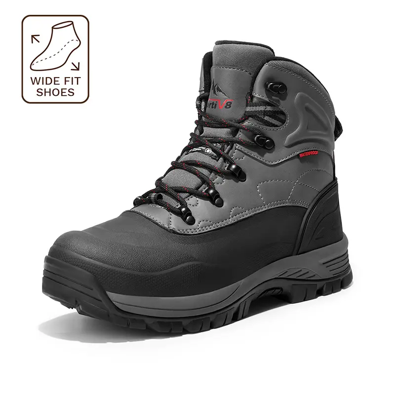 NORTIV 8 Men's Waterproof Winter Snow Boots with Warm Fur Trim, Insulated Leather Construction Shoes with Slip-Resistant Rubber Outsole tiktokshopbacktoschool, Footwear, Laces, Walking Shoes, Shell, Foam, Waterproof Membrane, Ankle, Leather Upper