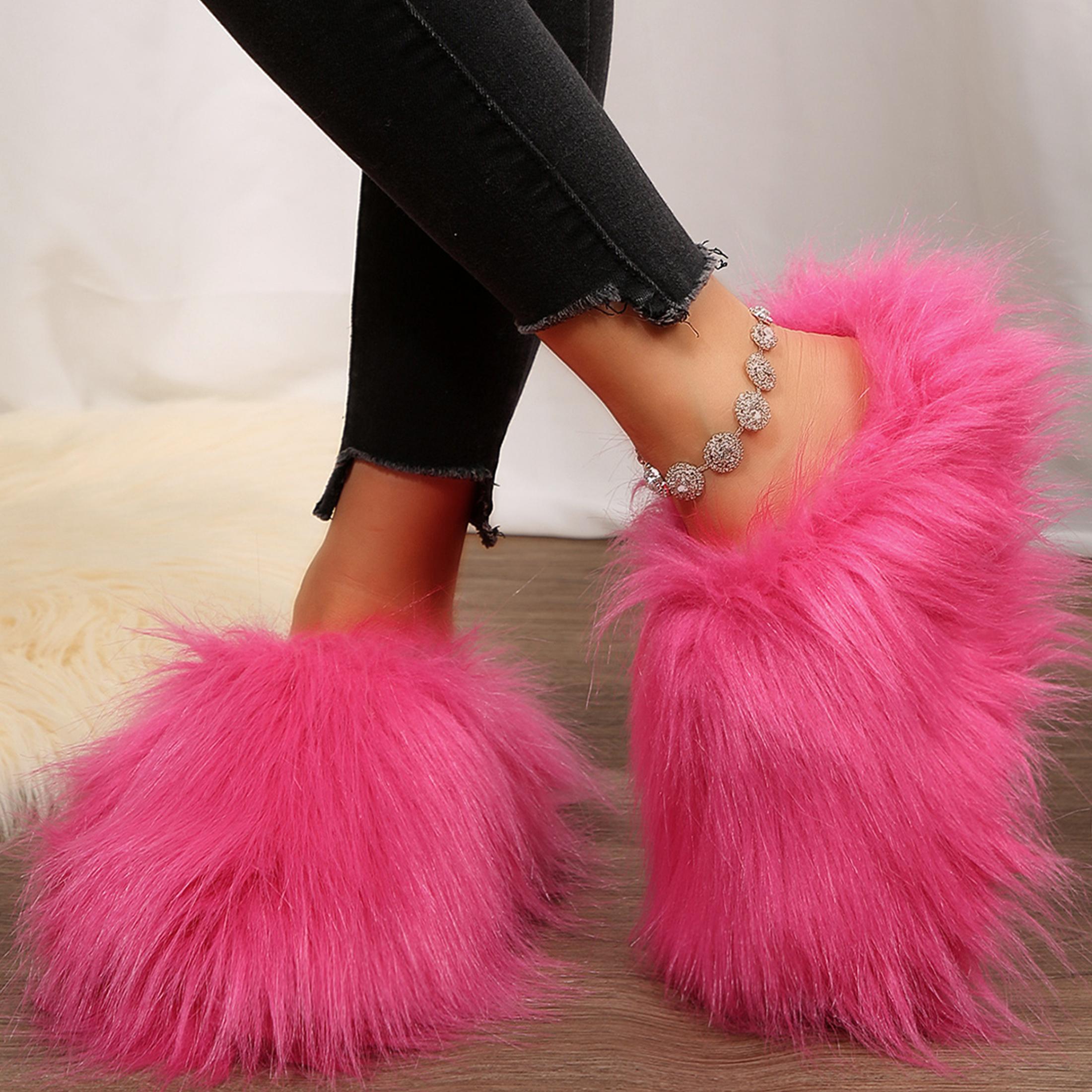 Women's Faux Fluffy Slip On Slip Slipper Fuzzy Round Toe Comfortable Bedroom Slipper Thick Plush Casual Indoor Outdoor Shoes Springfresh