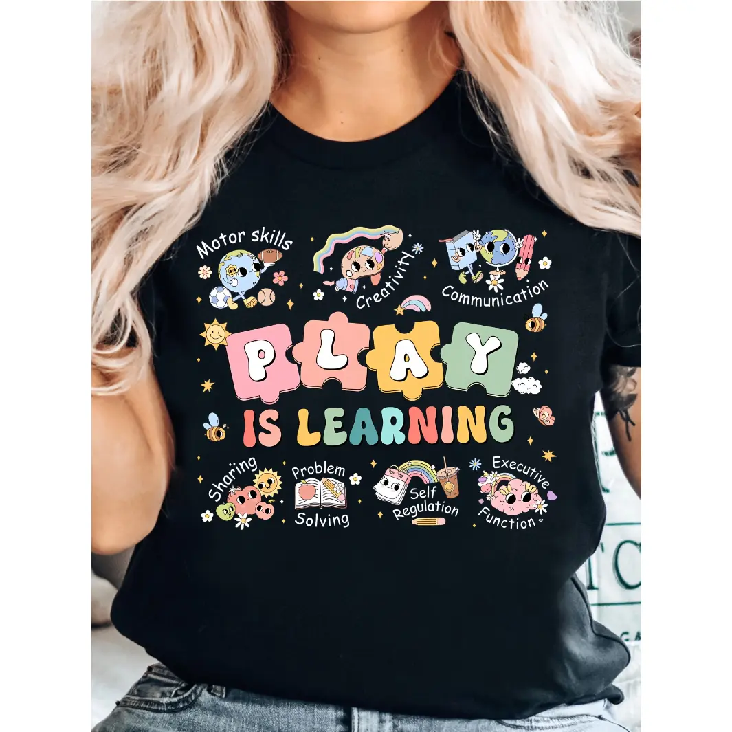 Women's Comfortable Cotton Graphic Short-Sleeve T-Shirt - Breathable, Day Wear, Cute Cartoon Design, Fit for Teachers & School Counselors