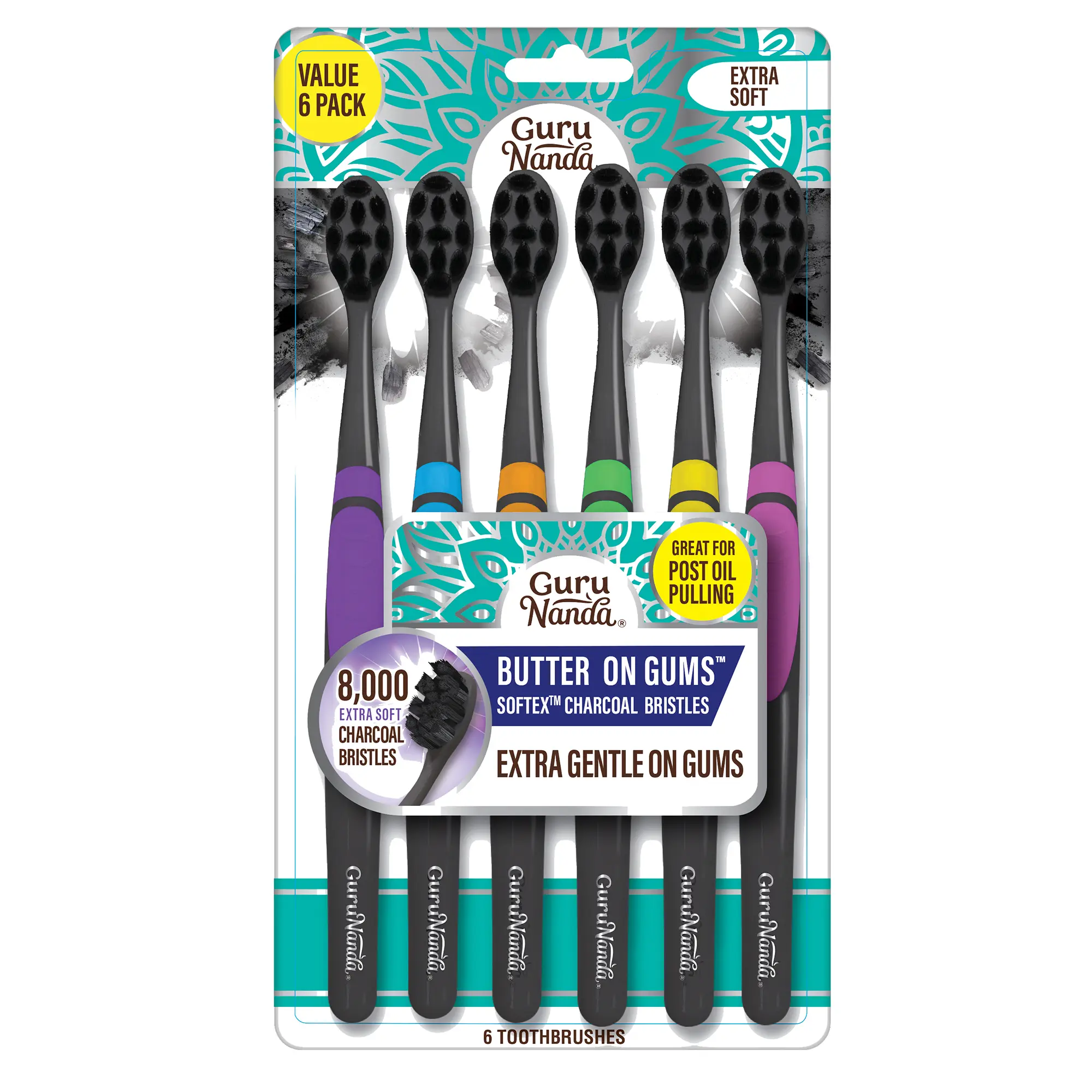 GuruNanda Butter on Gums Charcoal Toothbrush with 8000+ Softex Bristles for Sensitive Teeth & Gums, 6 Ct
