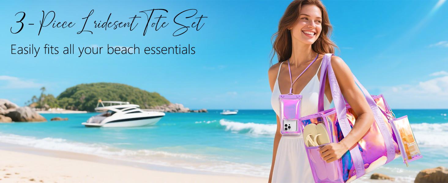 Bagstellar Beach Bag for Women Clear Iridescent Zipper Pool Swim Beach PVC Tote Bag w/Makeup Bag & Waterproof Phone Pouch Summer Essentials for Sports Events Concert Beach Work Swimming pool Easter Basket Organiser