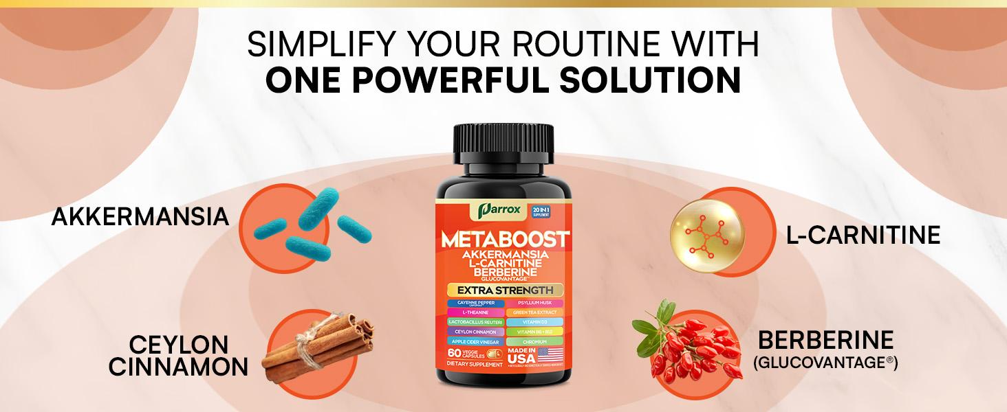 Parrox Metaboost - Natural Metabolism Supplement with Berberine, L-Carnitine, L-Theanine & 20+ Extra Strength Ingredients - Fitness, Balanced Gut, & Digestive Health - Made in USA