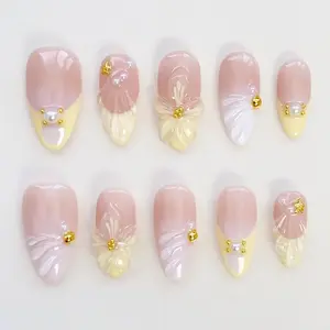 Yellow Floral Press On Nails, Short Almond Flower Nail Art, Handmade Reusable Gel Acrylic Full Cover Fake Nails