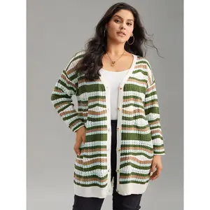 【Effortless Layer】Bloomchic Striped Contrast Button Up Hollow Out Cardigan