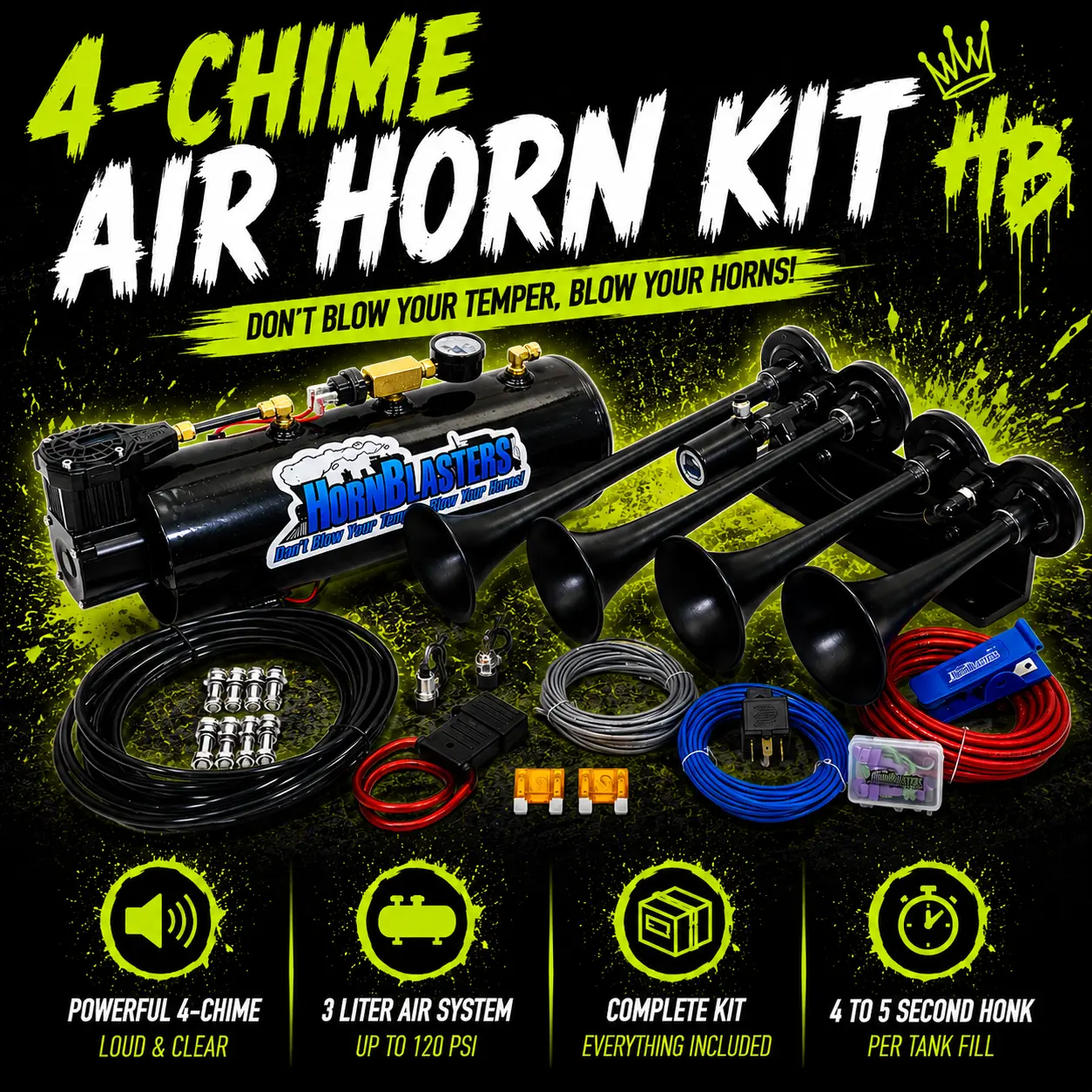 HornBlasters 4-Chime 3-Liter Air Horn with Compressor, 12-Volt DC Car Vehicle Accessory, 1/4" Valve Ready, 120 PSI Blast System, Preplumbed Setup, 18A Max Draw