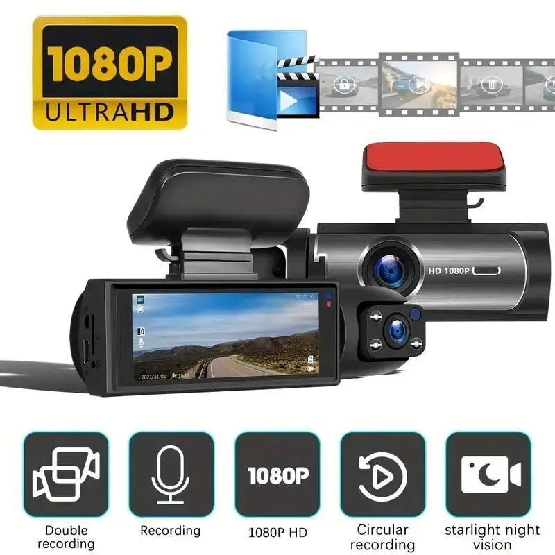 Whatook 1080P Dual Camera Dash Cam for Cars, Driving Recorder with IR Night Vision, Loop Recording, Wide Angle Lens - 3.16 Inch IPS Screen,Parking Mode, Car Camera with 32GB TF Card rear camera