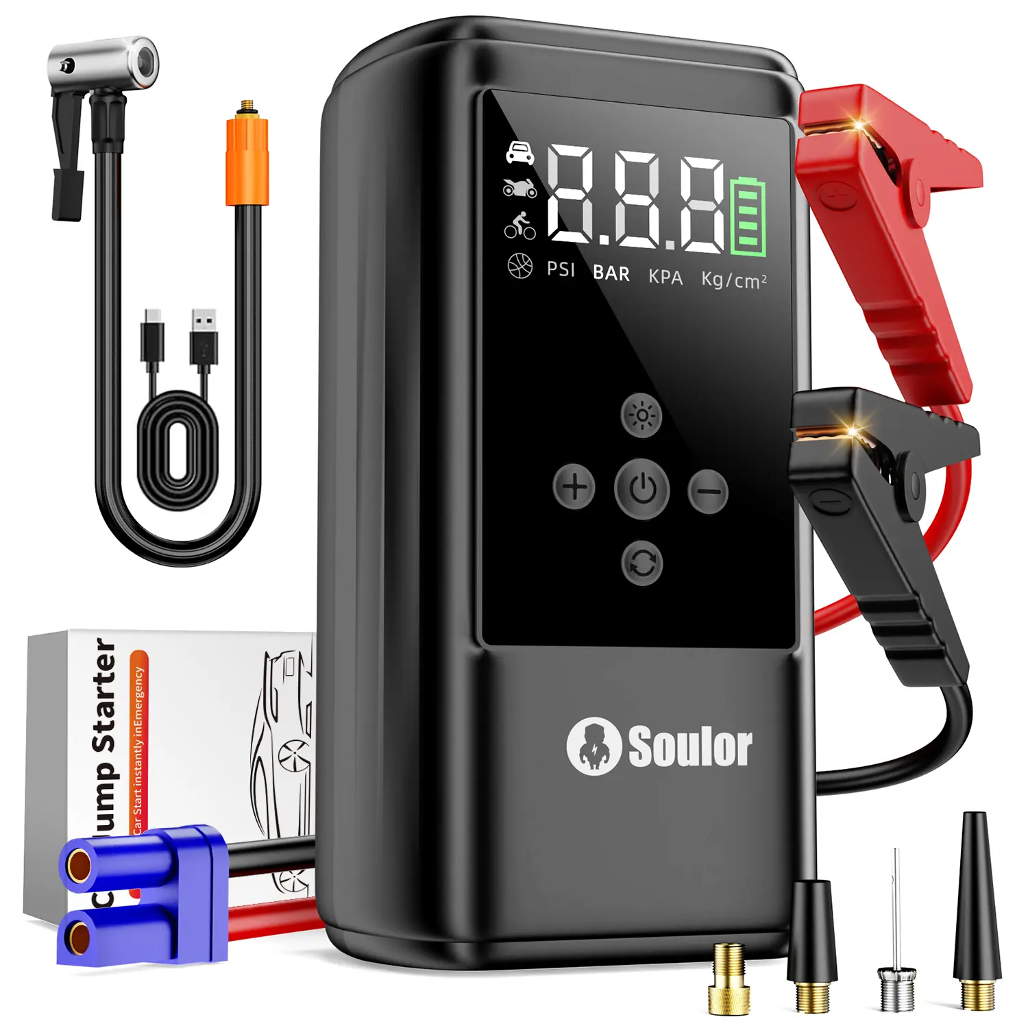 5-in-1 Soulor 2000A Portable Car Jump Starter, 160PSI Air Compressor Tire Inflator, Power Bank, LED Flashlight & SOS, Multi-Function Emergency Kit for Cars, Trucks, Motorcycles & Camping