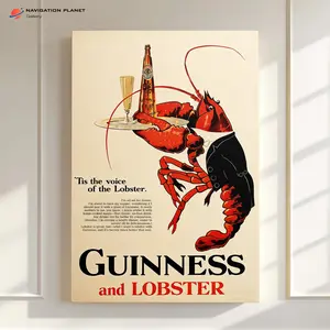 Classic Guinness Poster Canvas Wall Art | Lobster Illustration Vintage Ad Print | Irish Pub Decor, Bar Cart & Kitchen Wall Decor