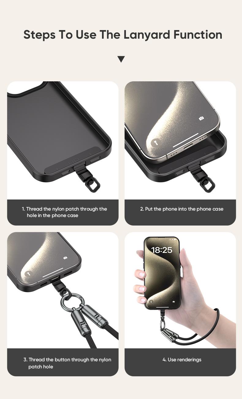 240W USB-C Fast Charging Phone Lanyard 7mm Nylon Crossbody Wrist Strap Lanyard Data Cable 2 in 1 Smartphone Cellphone Flexible Travel Charger