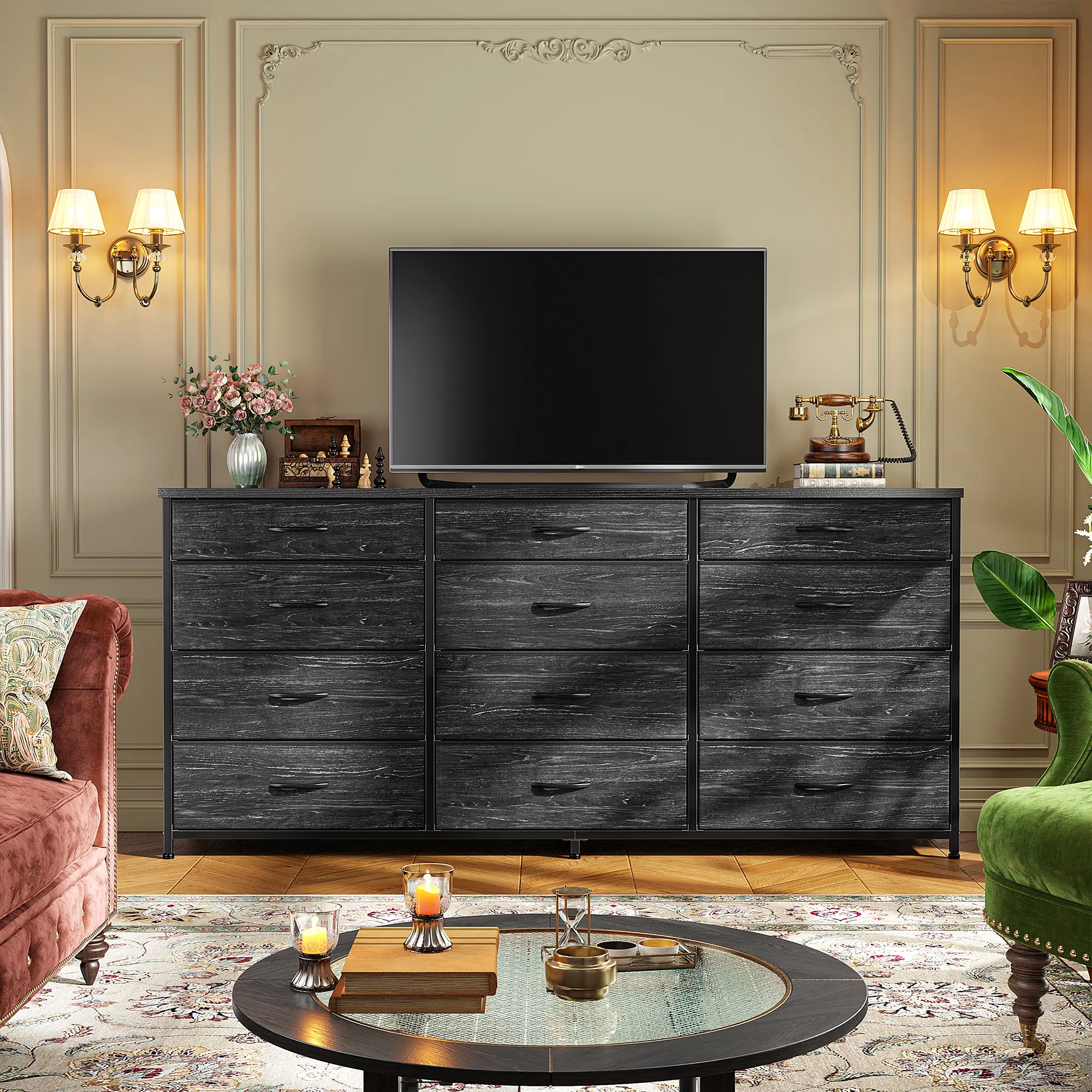 【24H Online Help】Raybee 55" Long Dresser with 12 Deep Drawers for Bedroom, Aesthetic Fabric Chest of Drawers, Large TV Stand Cabinet for Up to 60" TV, Wide Double Dresser Clothes Organizer Credenza for Women Teens, Living Room, Closet, Entryway, Office
