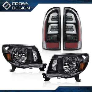 CROSSDESIGN Fit For 2005-2011 Toyota Tacoma Black Headlights & 3D LED Tube Bar Tail Lights
