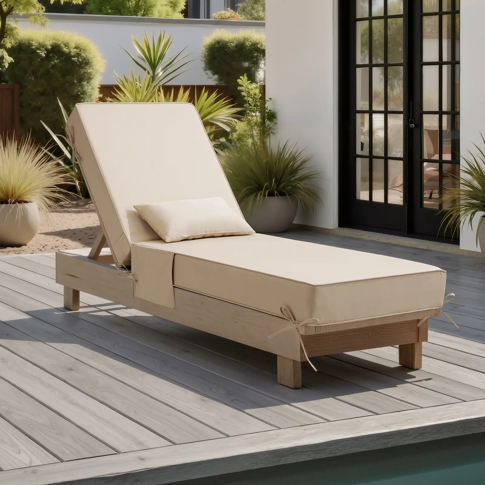 Crestlive Products 6-Inch Thick Outdoor Chaise Lounge Cushion with Pillow & Side Pockets, Water Resistant Pool Lounge Chair Cushion for Patio