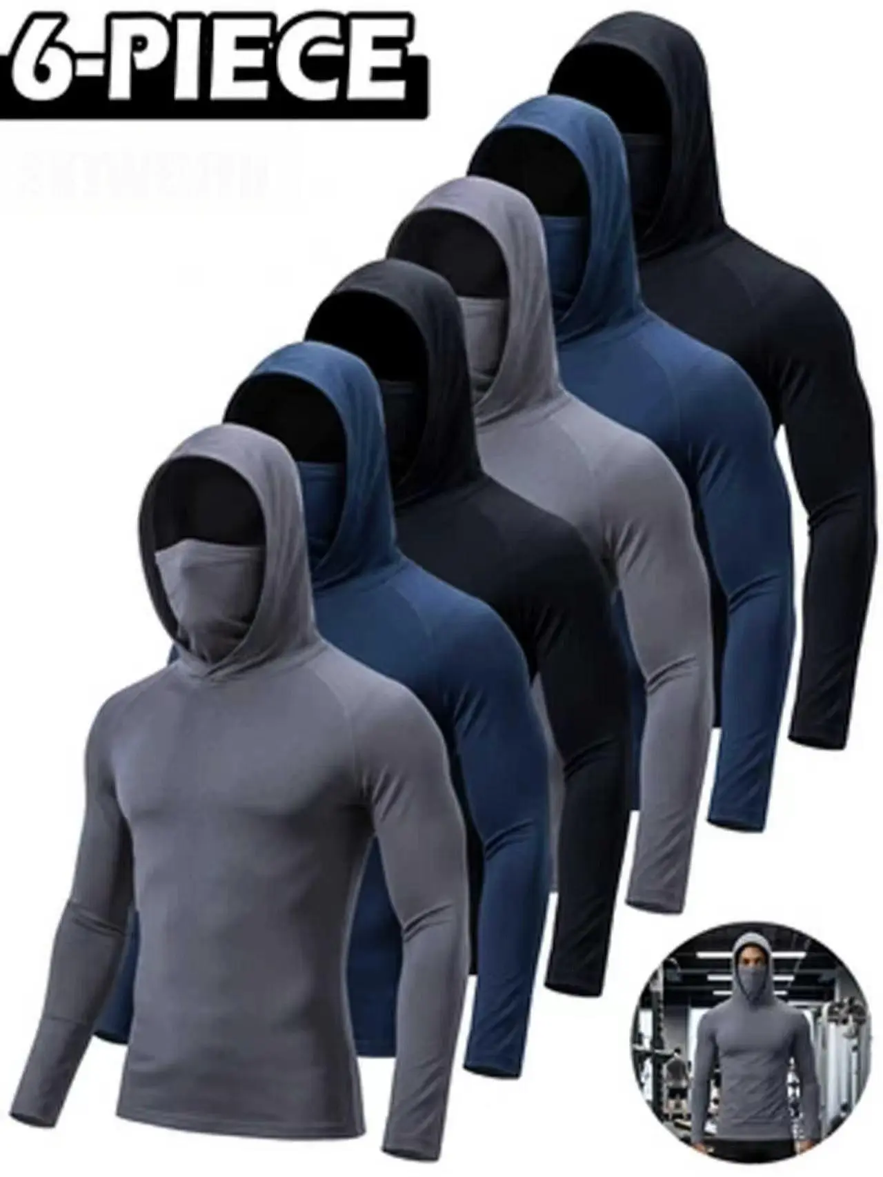 6-Pack Men's Sun Protection Hoodie with Face Mask, Lightweight Breathable Work Shirt for Lawn Mowing Gardening, UV Shield Dust-Proof Athletic Hooded Tee,clothes for back to school,first day of school outfits