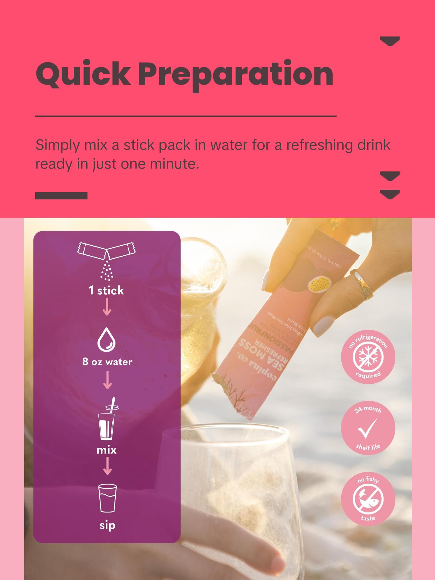 Copina Co. Passionfruit Sea Moss Drink - 8 Stick Packs 5g Each - Organic Irish Sea Moss Powder - Vegan Superfood Drink for Gut Health and Immunity - Hydration and Energy Boost with Organic Sea Moss