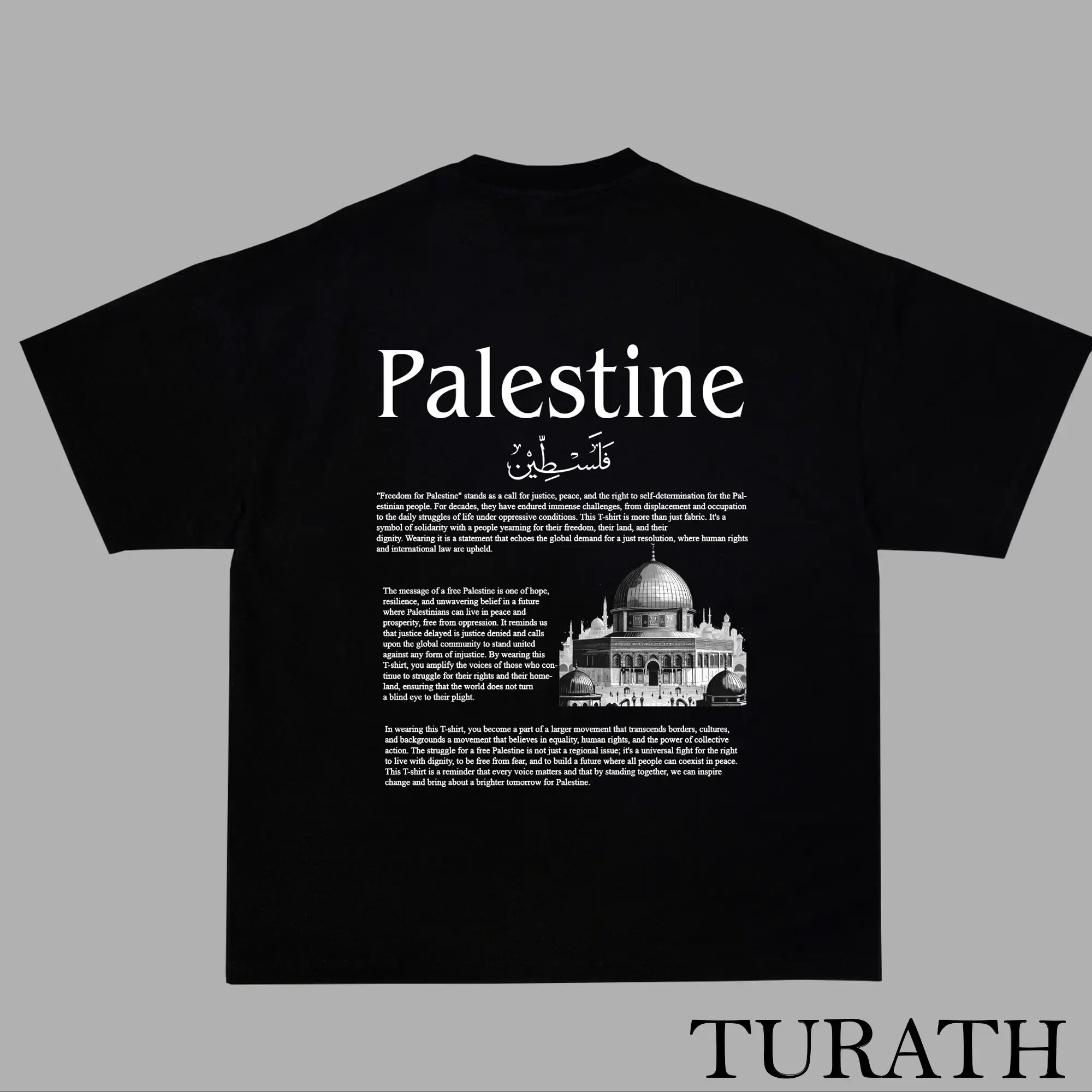 Men's Oversize Palestine Solidarity Graphic T-Shirt - Menswear Tops, Short-Sleeve, Al-Aqsa Print, Dome of the Rock & Arabic Calligraphy, All-Seasons Meaningful Activism Wear