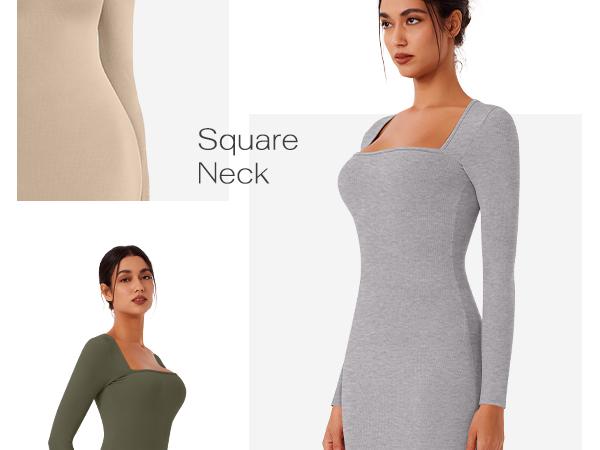 REORIA Women's Chic Black Square Neck Long Sleeve Bodycon Maxi Dress Autumn Casual Ribbed Soft Lounge Dresses Women's Wear Elegant Machine Washable Basic Minimalist Style