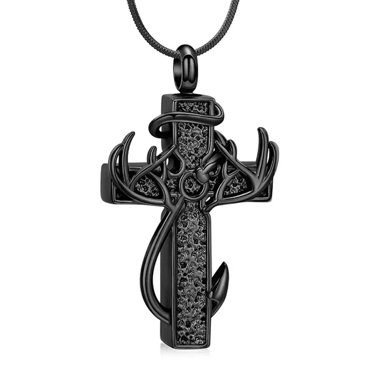 Men's Hunting-Themed Cross Necklace - Men's Accessories, 3D Layered, Deer Antlers, Fishhook Design, Adjustable Size, Easy-Care Stainless Steel, Metal Coating, Waterproof Seal, Daily Wear Gift for Him