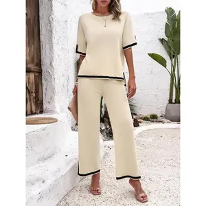 Women's Solid Color Short-Sleeve Knit Set - Chic Everyday Style Apricot Basic Co-ord Comfort Wear for Lounging & Casual Outings loungewear（gift）