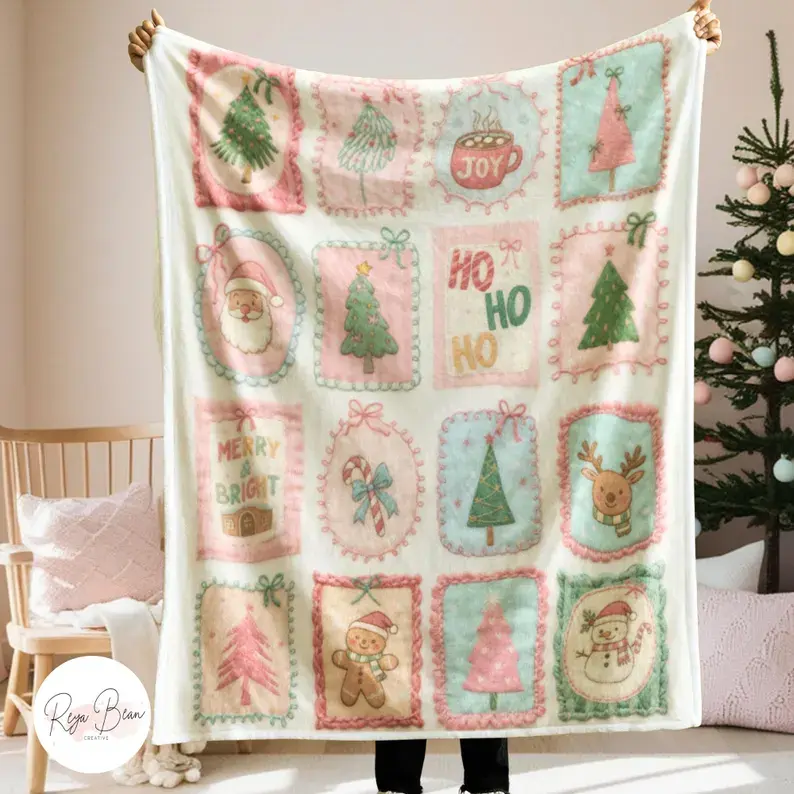 GIFT Pastel Christmas Blanket: Cozy Patchwork Throw, Soft & Warm Blanket, Gift Blanket  Decor Christmas and Halloween and Birthday