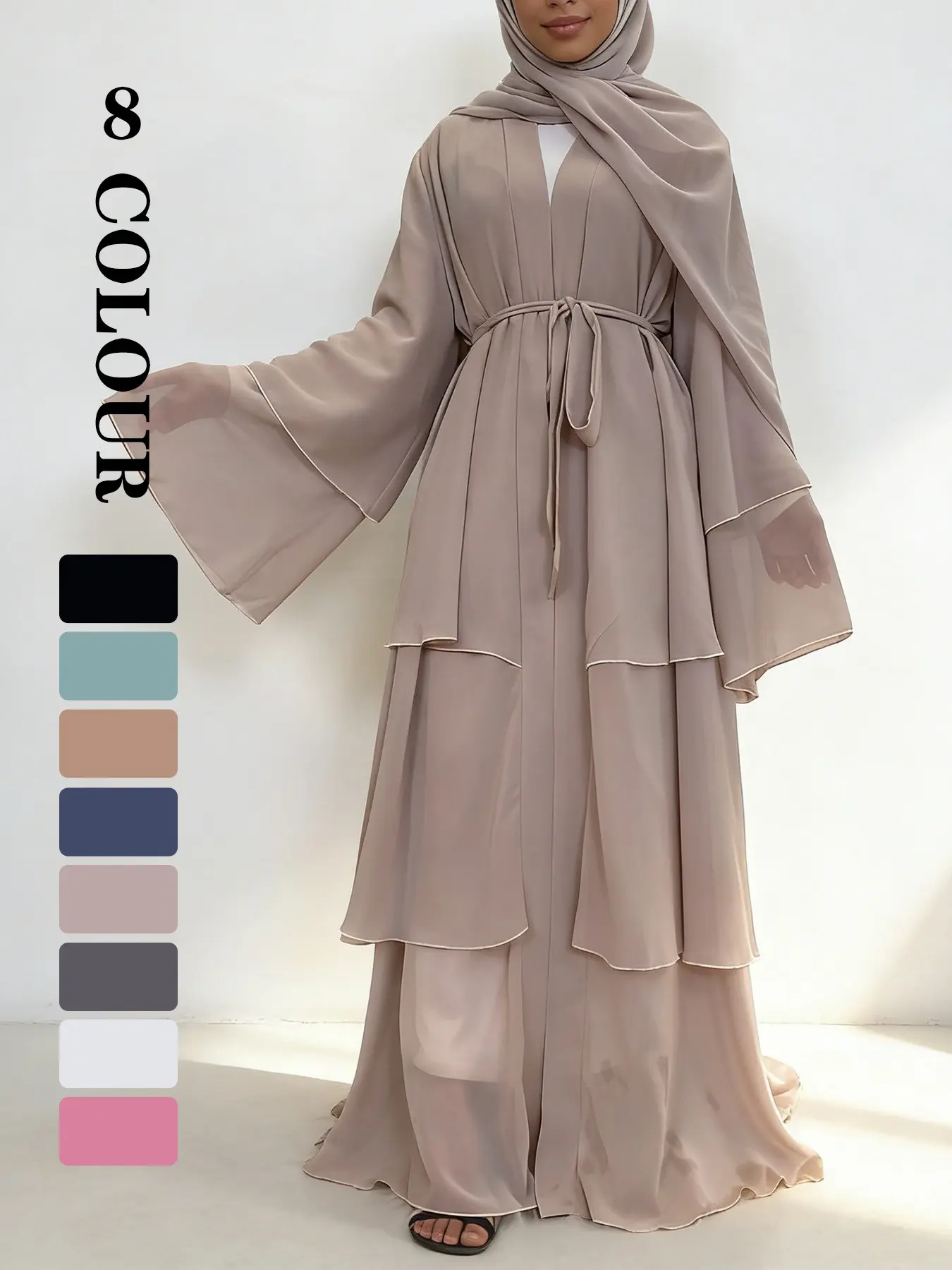Spring Summer High-Quality Chiffon 3-Layer Eid Abaya with Belt, Modest Muslim Outfits, Casual Party Dress, Comfortable Breathable Fabric, Perfect for Weddings, Arab Wedding Attire, Modest Islamic Clothing